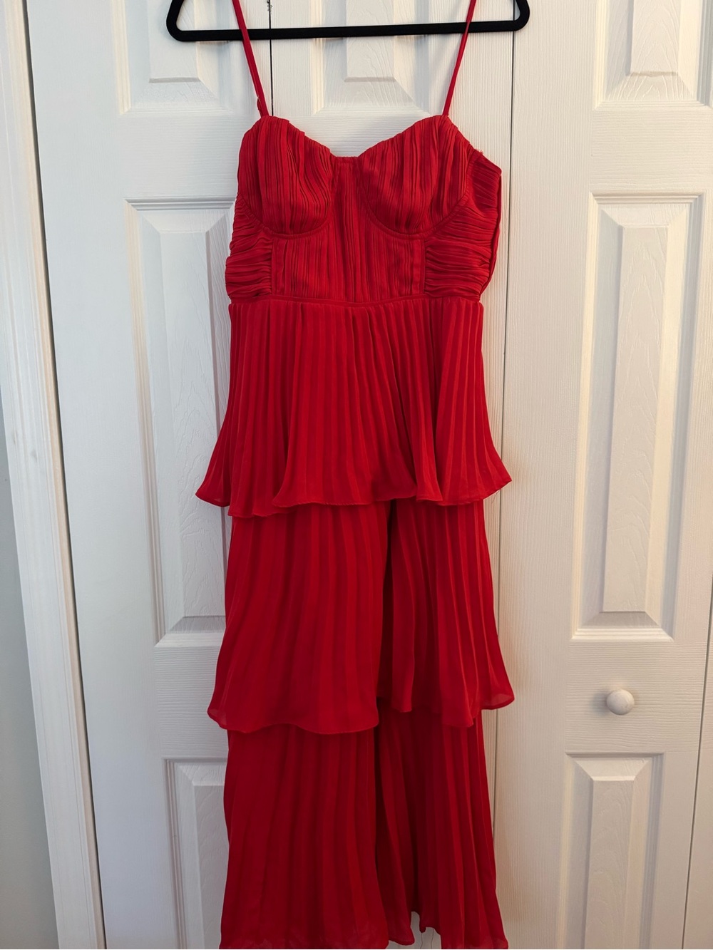 Lulu's Red Tiered Pleated Midi Dress with Spaghetti Straps